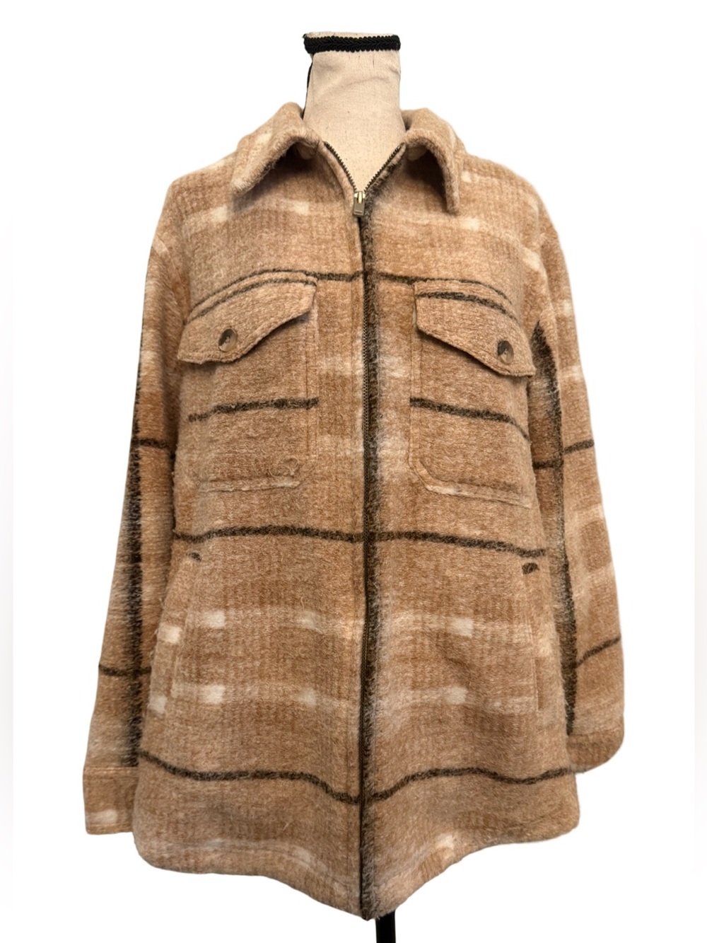 Joie Women’s Plaid Sherpa Lined Shacket Jacket Zip Front Oversized M Beige